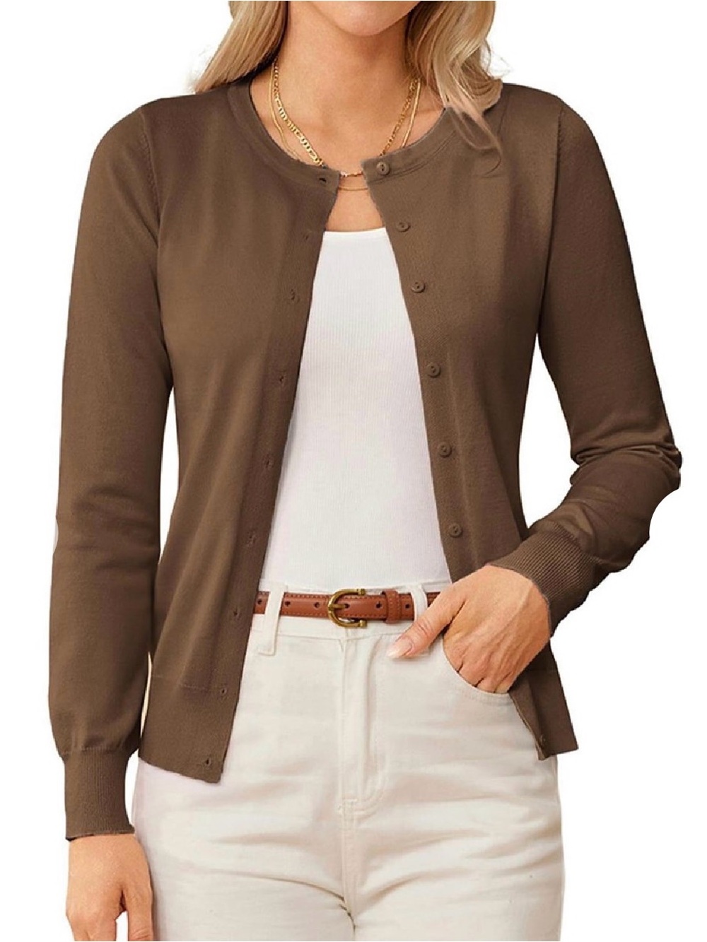 Grace Karin Brown Button-Front Crewneck Cardigan